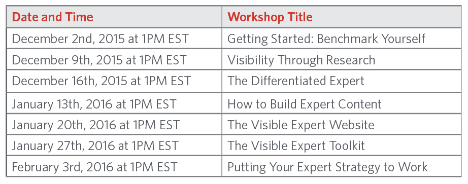 Visible Expert Online Workshop Calendar