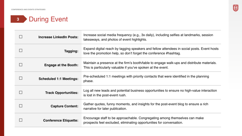 A slide titled During Event lists strategies: Increasing LinkedIn posts, tagging in digital recaps, engaging at the booth, scheduling 1:1 meetings, logging opportunities, capturing event content, and encouraging socializing.