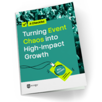 A checklist booklet titled Turning Event Chaos into High-Impact Growth with a green cover, an illustration of an all-access badge, and a faint background image of a crowd.