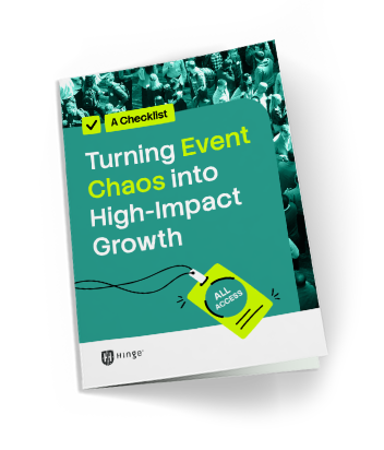 A checklist booklet titled Turning Event Chaos into High-Impact Growth with a green cover, an illustration of an all-access badge, and a faint background image of a crowd.