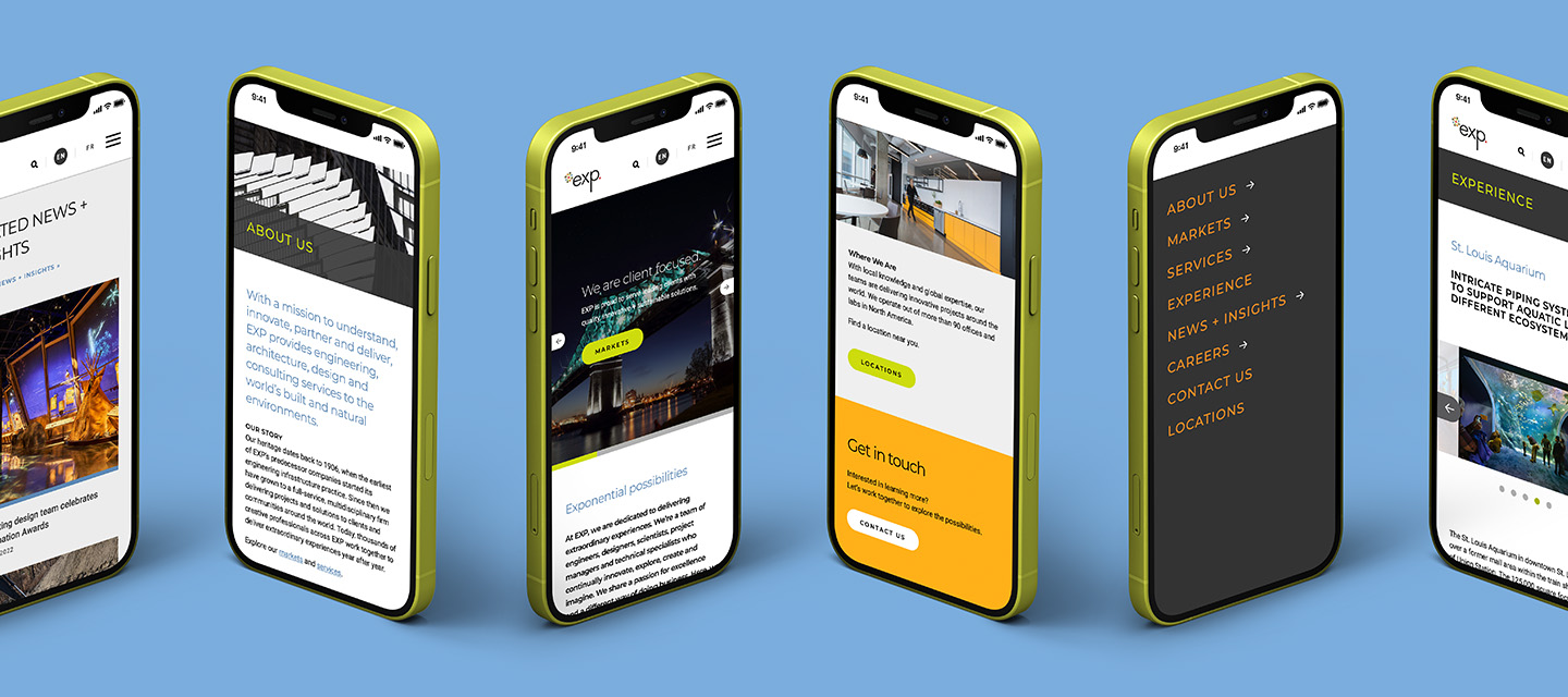 Six smartphones with lime green cases display various pages of a modern, responsive website against a blue background. The screens showcase sections like About Us, Experience, and Markets with images and text, highlighting thoughtful marketing design elements throughout the interface.