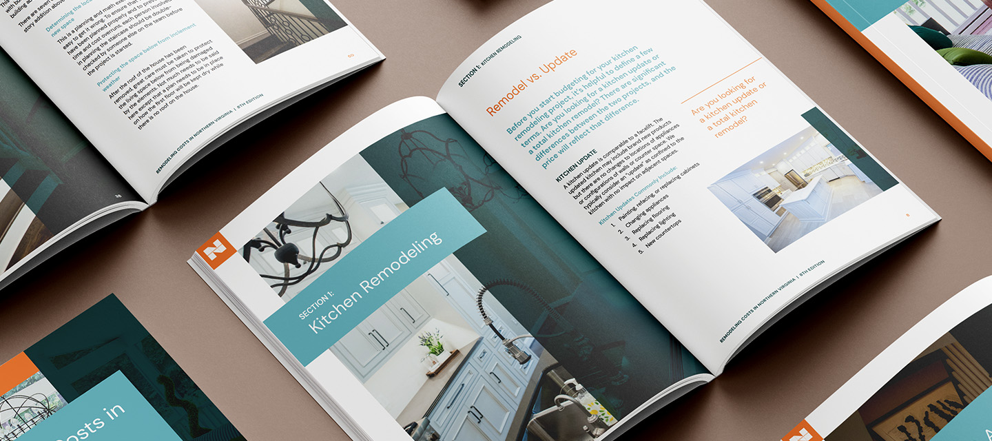 Several open magazines are laid out on a brown surface, displaying pages with kitchen remodeling content, images of home interiors, and sections highlighted in teal and orange accents that showcase thoughtful marketing design elements.