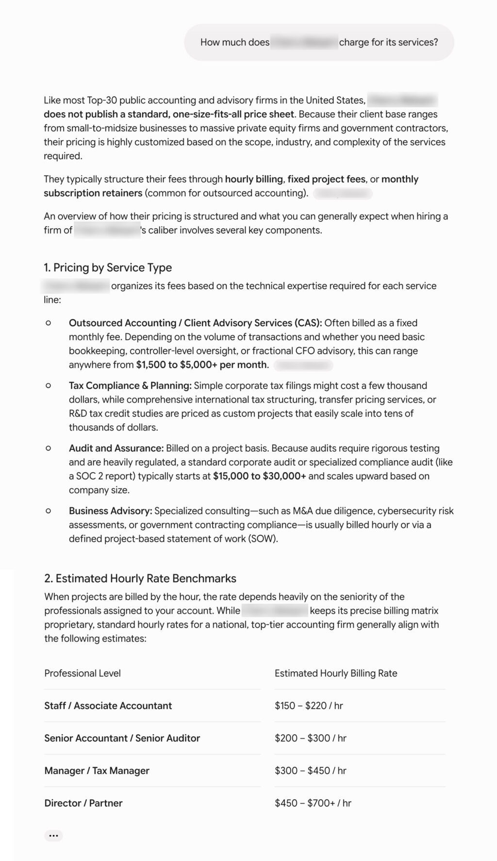 A pricing guide for accounting and advisory services, listing hourly rates by staff level: Associate ($200–$300/hr), Manager ($300–$370/hr), Director/Partner ($450–$570/hr), and describing billing methods.