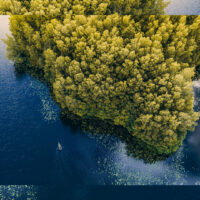 Aerial view of green trees on a small peninsula surrounded by dark blue water, with a small boat near the shore. A transparent rectangular overlay highlights the central scene.