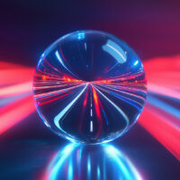 A crystal sphere sits on a surface, reflecting a long exposure view of a road with red and blue light trails.