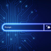 A glowing search bar labeled Prompt... with a sparkle icon, centered on a dark blue background featuring a digital circuit board pattern.